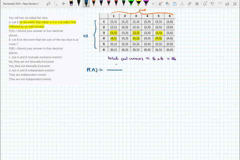 you-roll-two-six-sided-fair-dice-a-let-a-be-the-event-that-either-a-3-or-4-is-rolled-first-followed-by-an-odd-number-pa-round-your-answer-to-four-decimal-places-b-let-b-be-the-event-that-the-40702