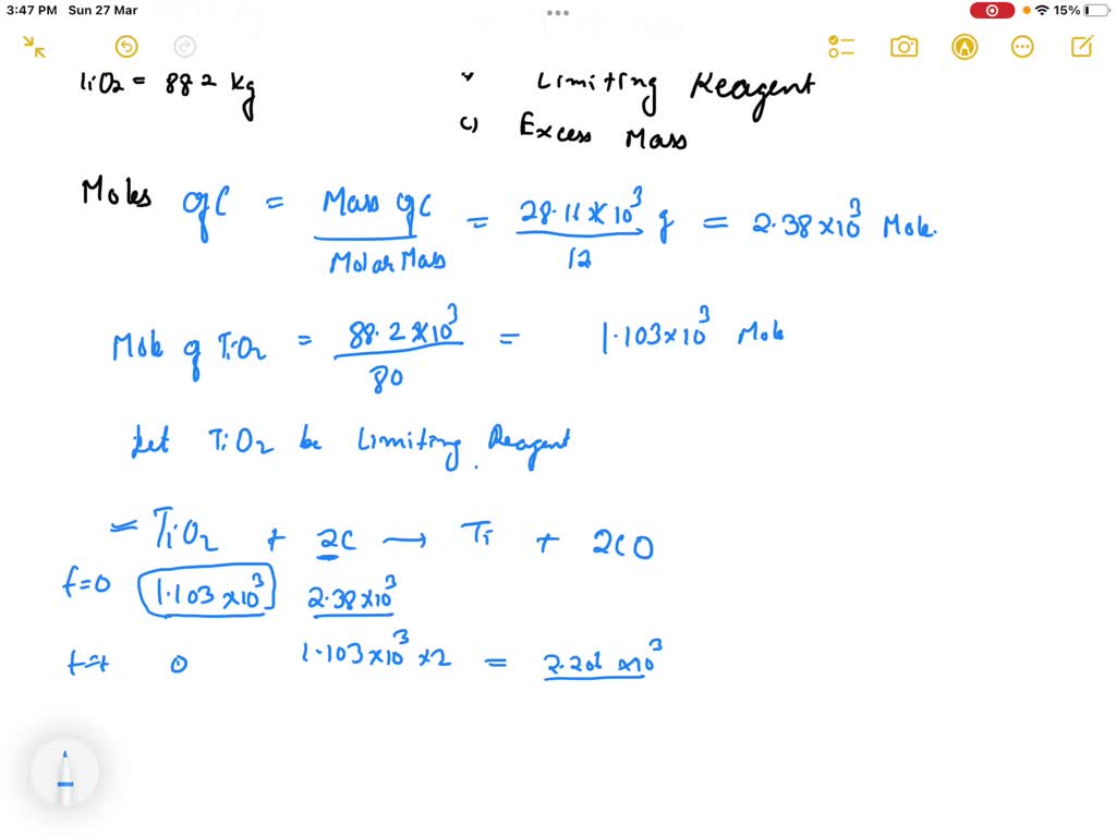 Tio2(s) + 2 C (s) ——–> Ti (s) + 2 CO (g) When 28.6 kg of C reacts with ...