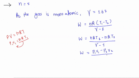 five-moles-of-monatomic-ideal-gas-have-initial-pressure-250-103-pa-and-initial-volume-210-m3-while-undergoing-an-adiabatic-expansion-the-gas-does-1780-j-of-work-what-is-the-final-pressure-of-87724