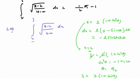 using-the-substitution-x2left1cos-2-thetaright-show-that-int_23-sqrtleftfracx-24-xright-d-xfrac12-pi-1