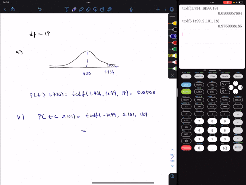 for-a-t-distribution-with-18-degrees-of-freedom-find-the-area-or-probability-in-each-region-round-your-answers-to-three-decimal-places-_-a-to-the-right-of-1734-b-to-the-left-of-2101-c-to-the-63134