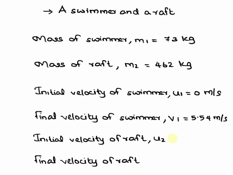 a-73-kg-swimmer-dives-horizontally-off-a-462-kg-raft-initially-at-rest-if-the-divers-speed-immediately-after-leaving-the-raft-is-554-ms-what-is-the-corresponding-raft-speed-62735