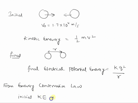 two-protons-are-moving-directly-toward-one-another-when-they-are-very-far-apart-their-initial-speeds-are-170-x-104-ms-what-is-the-distance-of-closest-approach-80377
