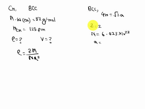 solve-for-the-volume-and-density-of-chromium-which-forms-a-body-centered-cubic-unit-cell-and-with-atomic-radius-of-125-pm-refer-to-the-periodic-table-for-the-molaratomic-mass-of-chromium