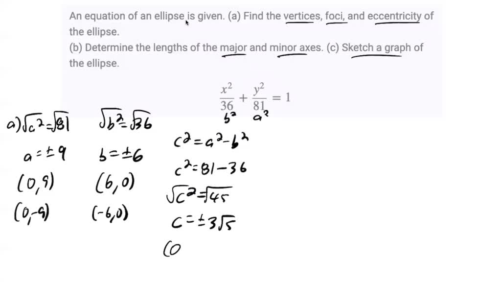 SOLVED: An equation of an ellipse is given. (a) Find the vertices, foci ...