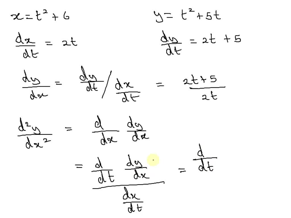 SOLVED: Find dy/dx and d^2y/dx^2. x = t^2 + 6, y = t^2 + 9t dy/dx = 96t ...