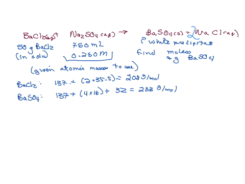750-ml-of-0250-m-na2so4-solution-are-added-to-an-aqueous-solution-containing-50-g-of-bacl2-resulting-in-the-formation-of-white-precipitate-of-baso4-according-to-following-reaction-how-many-m-44223