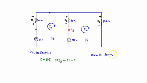 in-the-network-shown-in-figure-1-use-mesh-analysis-to-find-the-branch-current-i3-through-resistor-rz-r1-10-0-r2-50-q-r3-100-q-i3-i2-v1-20-v-v2-10-v-figure-1-10901