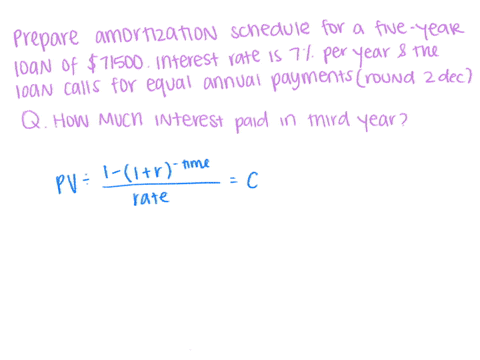 prepare-an-amortization-schedule-for-a-five-year-loan-of-71500-the-interest-rate-is-7-percent-per-year-and-the-loan-calls-for-equal-annual-payments-do-not-round-ntermediate-calculations-and-01577