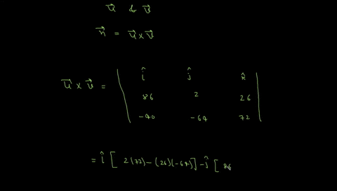 find-an-equation-of-the-plane-that-contains-the-vectors-u-86-2-26-and-v-40-64-72-and-passes-through-the-point-p-4-5-1-take-the-following-steps-a-find-a-normal-vector-n-to-the-plane-by-defining-n-u-v
