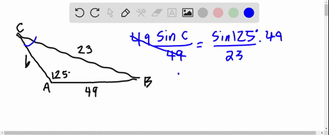 use-the-law-of-sines-to-solve-for-all-possible-triangles-that-satisfy-the-given-conditions-if-an-answer-does-not-exist-enter-dne-round-your-answers-to-one-decimal-place-a-23-c-49-a-125-b-c-b-67166