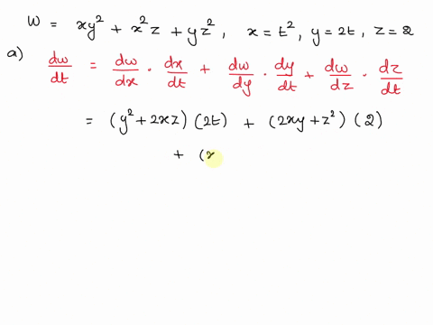 consider-the-following-w-xy2-x2z-yz2-x-t2y-2t-z-2-a-find-dwdt-using-the-appropriate-chain-rule-dw-p-b-find-dwdt-by-converting-w-to-a-function-of-t-before-differentiating-dw-23779