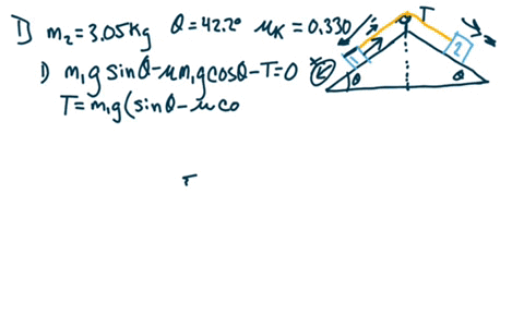 a-two-blocks-are-positioned-on-surfaces-each-inclined-at-the-same-angle-of-422-degrees-with-respect-to-the-horizontal-the-blocks-are-connected-by-a-rope-which-rests-on-a-frictionless-pulley-87882
