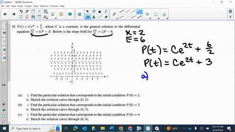 18-ptc-ek-tfracek-where-c-is-a-constant-is-the-general-solution-to-the-differential-equation-fracd-pd-tk-p-e-below-is-the-slope-field-for-fracd-pd-t2-p-6-a-i-find-the-particular-solution-that-correspo