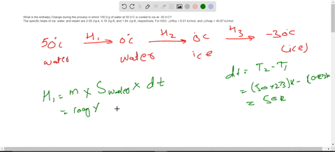what-is-the-enthalpy-change-during-the-process-in-which-1000-g-of-water-at-500c-is-cooled-to-ice-at-300c-the-specific-heats-of-ice-water-and-steam-are-209-jg-k-418-jg-k-and-184-jg-k-respecti-64502