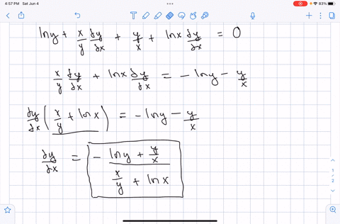 use-implicit-differentiation-to-find-the-derivative-dydx-for-each-of-the-following-functions-1xlnyylnx-2xy2yx2-13-find-the-first-and-second-derivatives-of-the-function-yex-cosx-and-simplify-08213