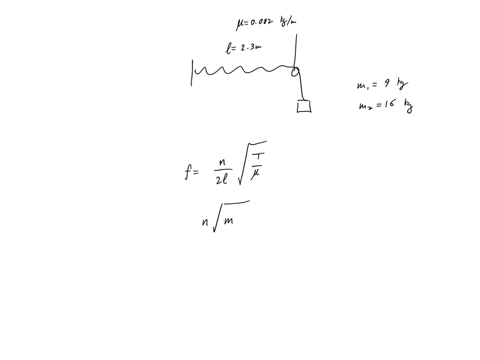 in-the-arrangement-shown-below-an-object-can-be-hung-from-string-with-linear-mass-density-0002-00-kgm-that-passes-over-light-pulley-the-string-connected-vibrator-of-constant-frequency-f-and-89883