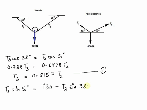 a-block-and-tackle-pulley-hoist-is-suspended-in-a-warehouse-by-ropes-of-lengths-2-m-and-3-m-the-hoist-weighs-430-n-the-ropes-fastened-at-different-heights-make-angles-of-50-and-38-with-the-h-86201
