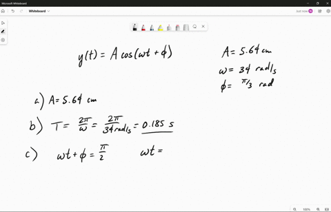 a-machine-has-part-that-undergoes-simple-harmonic-motion-following-the-equation-yt-a-coswt-where-a-564-cm-w-340-rads-and-t3-rad-what-is-the-amplitude-of-this-oscillation-b-what-is-the-period-96153