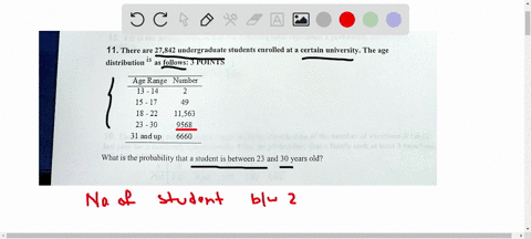 11-there-are-27842-undergraduate-students-enrolled-at-a-certain-university-the-age-distribution-is-as-follows-3-points-age-range-number-13-14-15-17-49-18-22-11563-23-30-9568-31-and-up-6660-w-83287