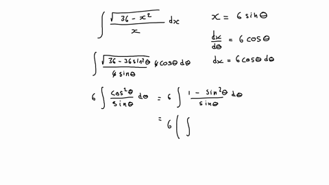 find-the-indefinite-integral-using-the-substitution-x6-sin-theta-remember-to-use-absolute-values-where-appropriate-use-c-for-the-constant-of-integration-int-fracsqrt36-x2x-d-x
