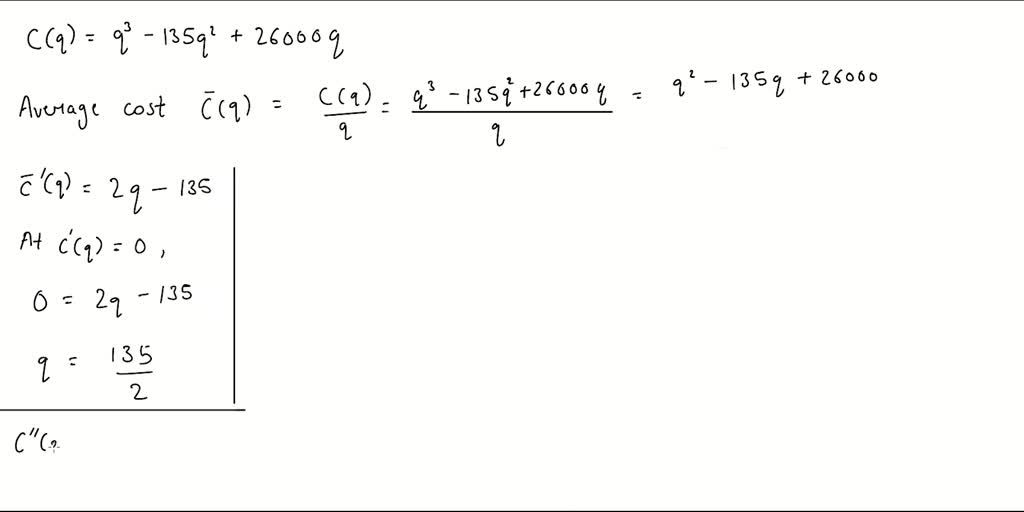 The cost function C=2000-40q+2q2 -0.1q3. Find the minimum cost.
