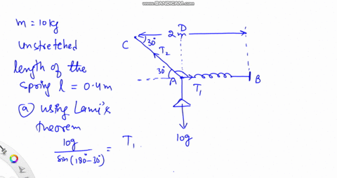 question-1-5-marks-the-10-kg-lamp-supported-by-spring-ab-and-cord-ac-is-suspended-in-the-static-equilibrium-position-shown-the-undeformed-unstretched-length-of-spring-ab-is-04-m-and-the-spri-35714