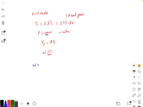 one-mole-of-an-ideal-gas-initially-at-a-temperature-of-ti-28c-undergoes-an-expansion-at-a-constant-pressure-of-100-atm-to-two-times-its-original-volume-calculate-the-work-done-on-the-gas-during-the-ex