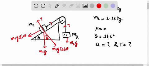 a-block-of-mass-m1-340-kg-on-a-frictionless-plane-inclined-at-angle-266-is-connected-by-a-cord-over-a-massless-frictionless-pulley-to-a-second-block-of-mass-m2-236-kg-hanging-vertically-see-62311
