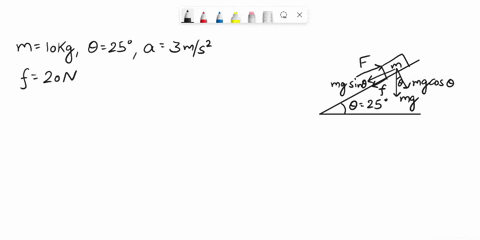 the-block-a-with-a-mass-of-10-kg-is-pushed-up-the-25o-inclined-plane-by-applying-a-force-f-on-it-assume-a-20-n-friction-force-f-is-acting-on-the-block-opposing-the-motion-if-the-resulting-ac-64389