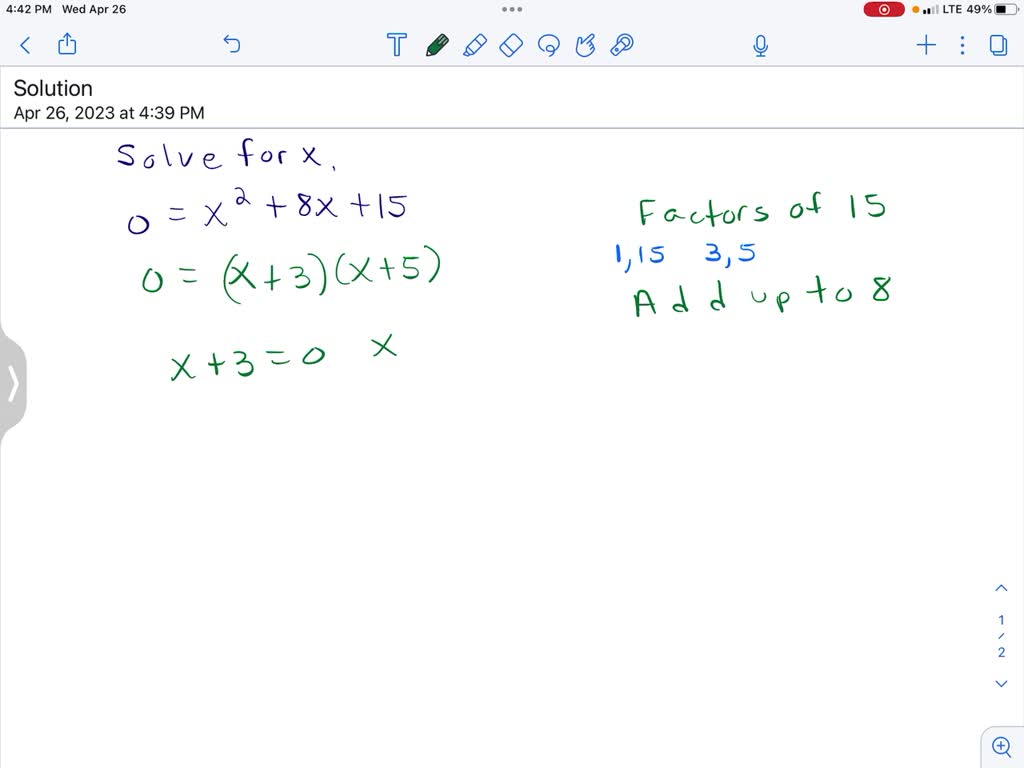 SOLVED: Solve for X. 0 =x2 8x + 15 Enter your answers in the boxes The