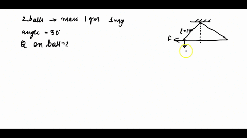 2-balls-each-of-mass-1gm-are-suspended-by-insulating-strings-each-og-1m-at-equilibrium-angle-between-string-and-vertical-is-30-find-charge-on-any-one-ball-65489