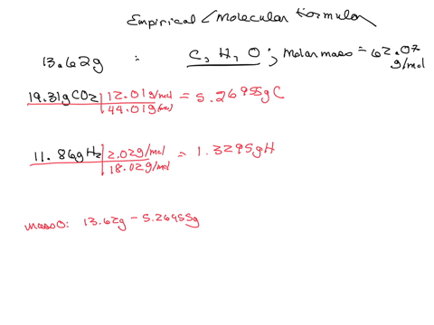 a-1362-gram-sample-of-an-organic-compound-containing-c-h-and-o-and-is-analyzed-by-combustion-analysis-and-1931-grams-of-co2-and-1186-grams-of-h2o-are-produced-in-a-separate-experiment-the-molar-mass-i