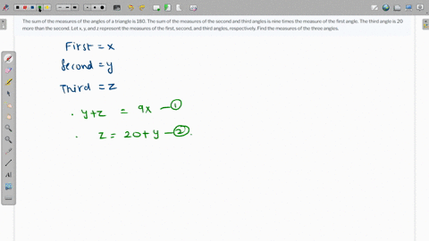 the-sum-of-the-measures-of-the-angles-of-a-triangle-is-180-the-sum-of-the-measures-of-the-second-and-third-angles-is-nine-times-the-measure-of-the-first-angle-the-third-angle-is-20-more-than-72919