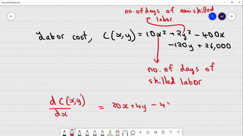 suppose-that-the-labor-cost-for-a-building-is-approximated-by-cx-y-10x2-2y2-400x-120y-26000-where-x-is-the-number-of-days-of-skilled-labor-and-y-is-the-number-of-days-of-semiskilled-labor-re-73975