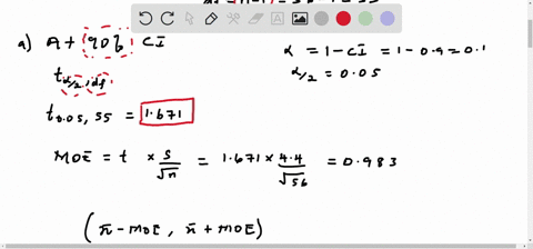 a-simple-random-sample-with-n-56-provided-a-sample-mean-of-225-and-a-sample-standard-deviation-of-44-round-your-answers-to-one-decimal-place-a-develop-a-90-confidence-interval-for-the-population-mea-2