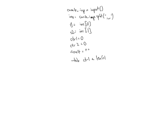write-a-python-program-that-will-take-one-input-made-up-of-two-strings-separated-by-a-comma-and-a-space-see-samples-below-then-create-a-mixed-string-with-alternative-characters-from-each-str-47449