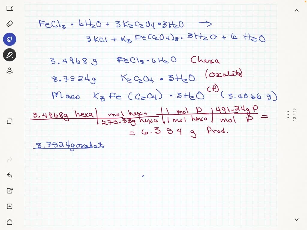 SOLVED Balanced Chemical Equation FeCl3 Â· 6H2O + 3K2C2O4 Â· 3H2O â