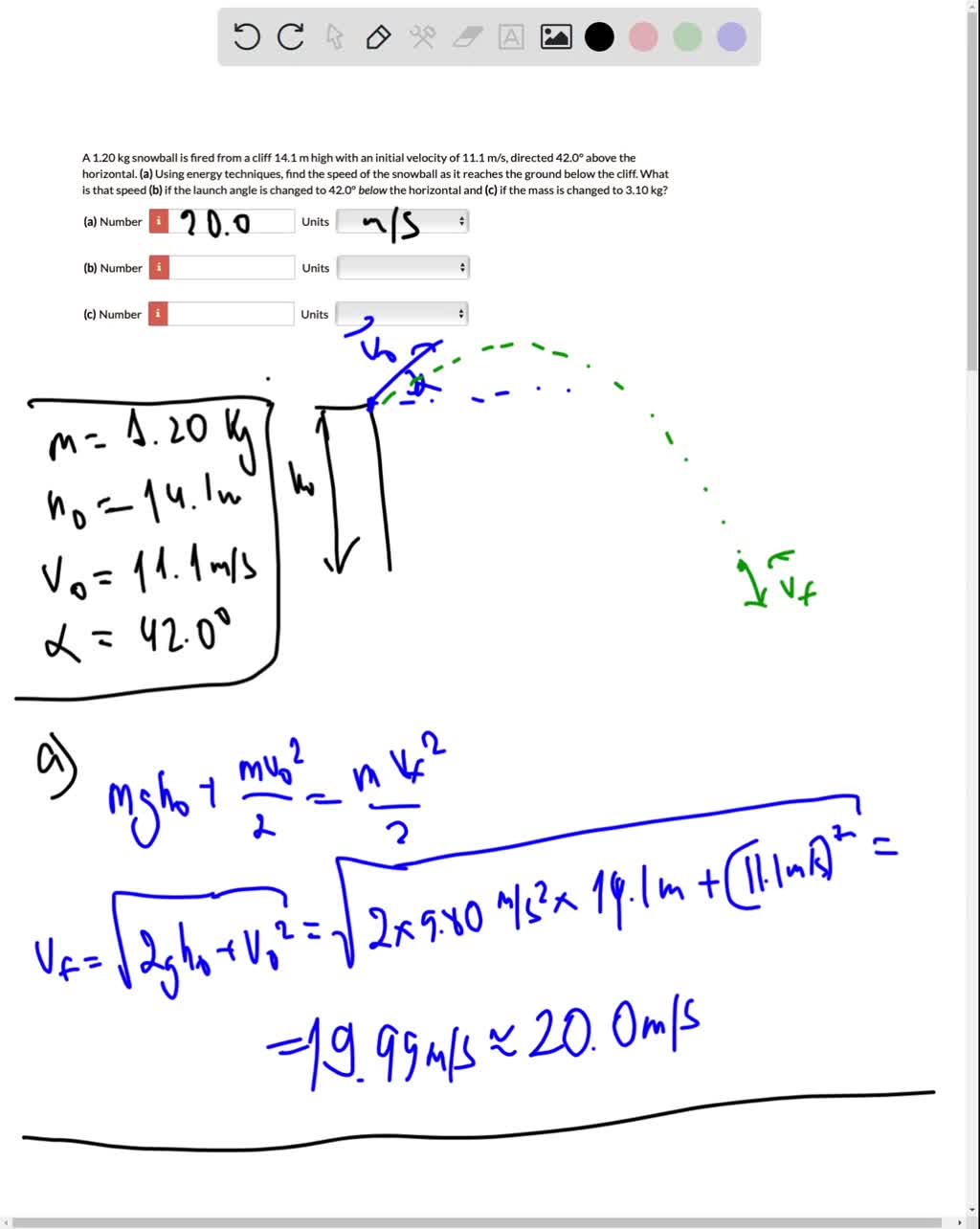 SOLVED: A 1.20 Kg Snowball Is Fired From A Cliff 14.1 M High With An ...