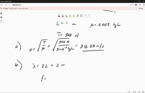 a-l-1m-long-string-with-a-linear-mass-density-of-0003kgm-is-kept-under-tension-by-a-force-of-f-300n-a-determine-the-speed-of-sound-v-in-the-string-b-determine-the-frequency-of-the-longest-wa-94046