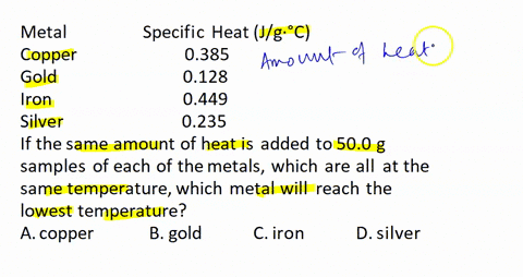22-consider-the-following-specific-heats-of-metals-metal-specific-heat-jgc-copper-0385-gold-0128-iron-0449-silver-0235-if-the-same-amount-of-heat-is-added-to-500-g-samples-of-each-of-the-met-00304