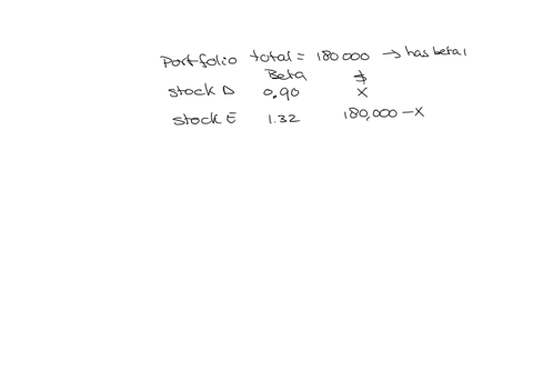 you-own-a-portfolio-that-has-a-total-value-of-180000-and-it-is-invested-in-stock-d-with-a-beta-of-90-and-stock-e-with-a-beta-of-132-the-beta-of-your-portfolio-is-equal-to-the-market-beta-what-is-the-d
