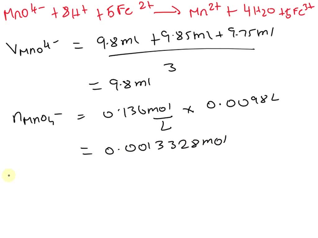 SOLVED: A standardized 0.136 mol/L solution of KMnO4(aq) was used to ...