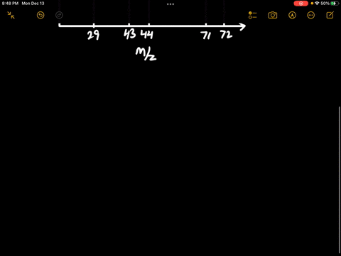 a-sample-was-analyzed-using-mass-spectrophotometer-and-molecular-ion-peak-was-obtained-at-mz-72-base-peak-was-seen-at-mz-44-the-mass-spectrum-also-revealed-peaks-at-mz-71-29-and-43-determine-49715