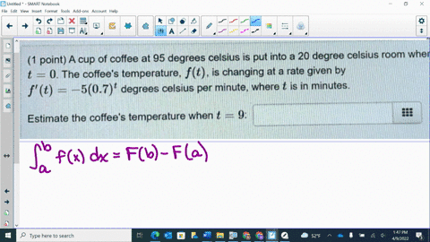 point-a-cup-of-coffee-at-95-degrees-celsius-is-put-into-a-20-degree-celsius-room-when-t-0-the-coffees-temperature_-ft-is-changing-at-a-rate-given-by-f-t-507-t-degrees-celsius-per-minute-wher-28095
