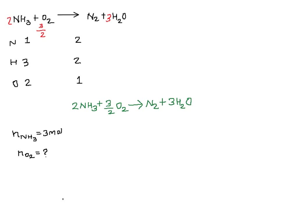 SOLVED: Balance the equation NH3 + O2 −→ N2 + H2O Given 3 mol of the ...