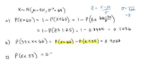 let-the-random-variable-x-follow-a-normal-distribution-with-mean-50-and-variance-64-a-find-the-probability-that-x-is-greater-than-60-b-find-the-probability-that-x-is-greater-than-35-and-less-85068