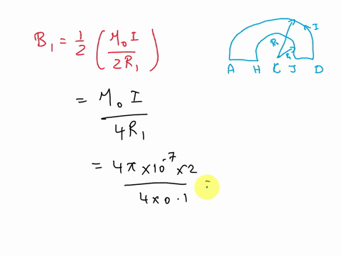 use-biot-savart-law-to-calculate-the-magnetic-field-b-at-point-c-the-common-center-of-the-semicircular-arcs-ad-and-hj-of-radii-rz-and-ri-respectively-forming-part-of-the-circuit-adjha-that-c-60182