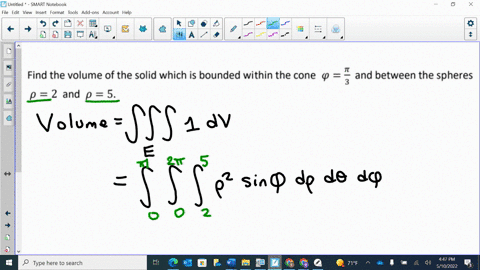 find-the-volume-of-the-solid-which-is-bounded-within-the-cone-q-and-between-the-spheres-p-2-and-p-5-18727