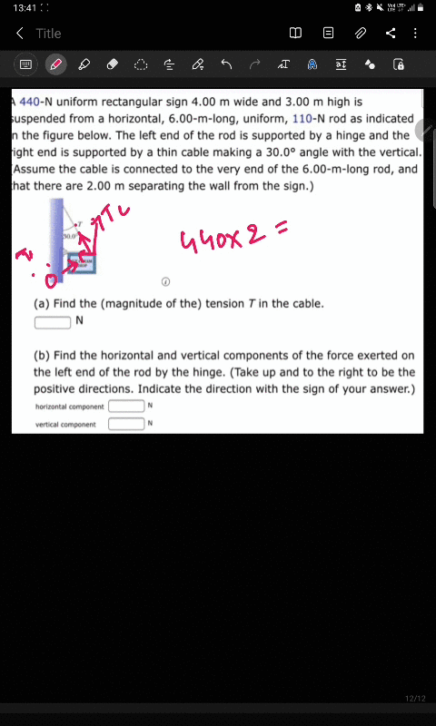 a-440-n-uniform-rectangular-sign-400-m-wide-and-300-m-high-is-suspended-from-horizontal-600-m-long-uniform-110-n-rod-as-indicated-in-the-figure-below-the-left-end-of-the-rod-is-supported-by-40588